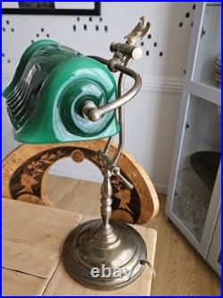 Antique Banker Lamp in Art Deco Style With Beautiful Green Glass Shade
