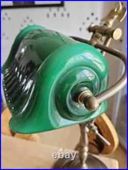 Antique Banker Lamp in Art Deco Style With Beautiful Green Glass Shade