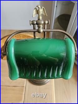 Antique Banker Lamp in Art Deco Style With Beautiful Green Glass Shade