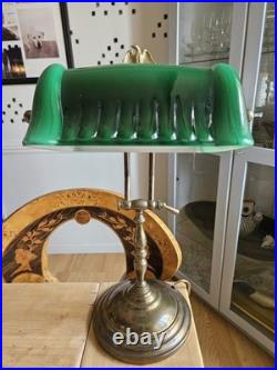 Antique Banker Lamp in Art Deco Style With Beautiful Green Glass Shade
