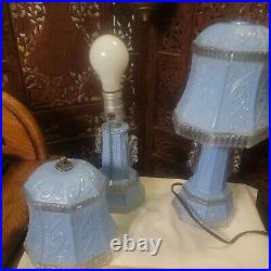 Antique Blue Glass Art Deco Boudoir Lamp Pair Bubble Flair Working C. 1930