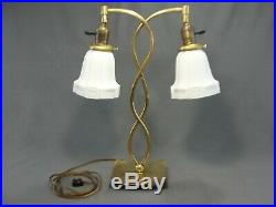 Antique Brass Double Light Art Deco Era Lamp Opal Milk Camphor Glass Shades