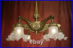 Antique Bronze 6 Light Fine Art Deco Lamp Chandelier Satined Glass Ø26