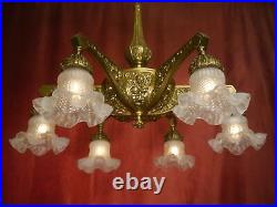 Antique Bronze 6 Light Fine Art Deco Lamp Chandelier Satined Glass Ø26