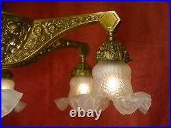 Antique Bronze 6 Light Fine Art Deco Lamp Chandelier Satined Glass Ø26