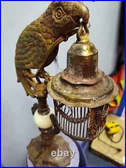Antique Bronze And Porcelain Parrot Lamp Art Deco 1930s Damaged Cord/ WORKS