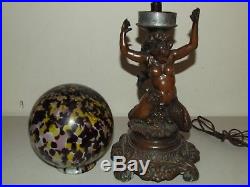 Antique Bronze Art Deco Figural Nude Mermaid Woman Table Lamp with Art Glass Shade
