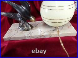Antique Bronze French Night Table Reading Lamp Swallow Bird Art Deco Vintage