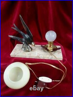 Antique Bronze French Night Table Reading Lamp Swallow Bird Art Deco Vintage