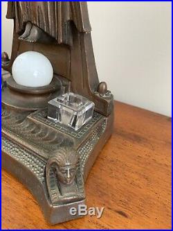 Antique Bronze Nude Egyptian Revival Art Deco Desk Lamp Inkwell