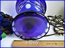 Antique CZECH Deco 9 FRUIT BASKET Art GLASS LAMP Bead Shade COBALT Cut URN Base