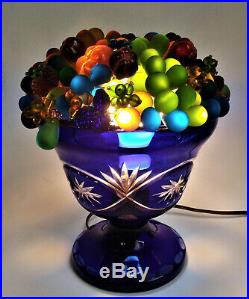 Antique CZECH Deco 9 FRUIT BASKET Art GLASS LAMP Bead Shade COBALT Cut URN Base