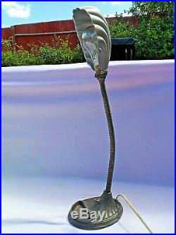 Antique Cast Metal Base Goose Neck Shell Shade Art Deco Desk Lamp Vgc Gwo