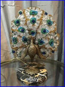 Antique Czech Crystal & Bronze Peacock Lamp, Marble base, Art Deco