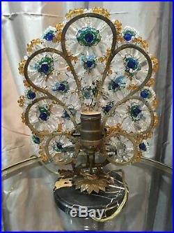 Antique Czech Crystal & Bronze Peacock Lamp, Marble base, Art Deco