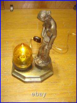 Antique Deco Art Nouveau Semi-nude Accent Lamp withAmber Shade Rewired #4299