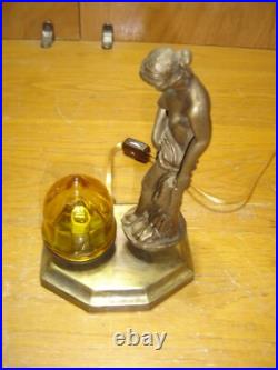 Antique Deco Art Nouveau Semi-nude Accent Lamp withAmber Shade Rewired #4299