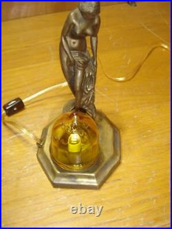 Antique Deco Art Nouveau Semi-nude Accent Lamp withAmber Shade Rewired #4299
