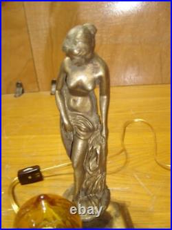 Antique Deco Art Nouveau Semi-nude Accent Lamp withAmber Shade Rewired #4299 Antique Deco Art Nouveau Semi-nude Accent Lamp withAmber Shade Rewired #4299