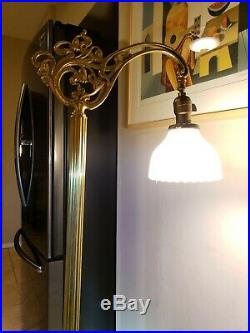 Antique Early 1900's Art Deco Brass & Marble Swirl Base Bridge Floor Lamp