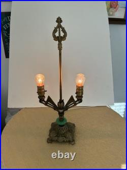 Antique Early Art Deco Two-Armed Cast Metal Lamp with Jadit