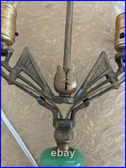Antique Early Art Deco Two-Armed Cast Metal Lamp with Jadit Antique Early Art Deco Two-Armed Cast Metal Lamp with Jadit