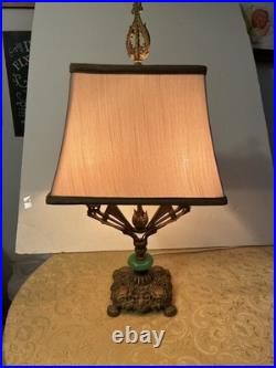 Antique Early Art Deco Two-Armed Cast Metal Lamp with Jadit