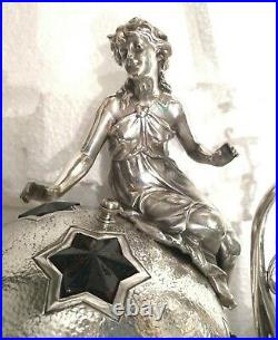 Antique Exceptional Art Deco Figural Lady Globe Ball Ruby Stars Chandelier Lamp