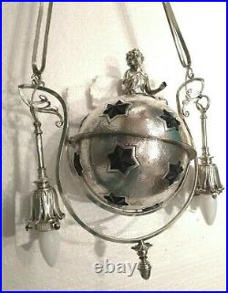 Antique Exceptional Art Deco Figural Lady Globe Ball Ruby Stars Chandelier Lamp