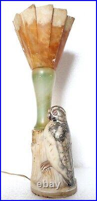 Antique & Extremely Rare Art Deco Owl Bird Multi Color Alabaster Figural Lamp