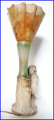Antique & Extremely Rare Art Deco Owl Bird Multi Color Alabaster Figural Lamp
