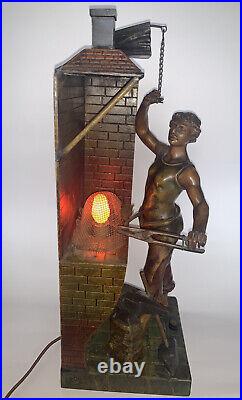 Antique FRENCH Spelter Figural BLACKSMITH AND FORGE Sculpture and Accent Lamp