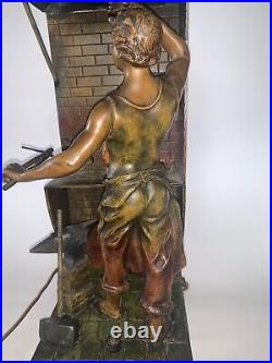 Antique FRENCH Spelter Figural BLACKSMITH AND FORGE Sculpture and Accent Lamp