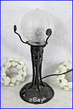 Antique Flemish 1930 ART deco Wrought iron Table lamp Glass shade
