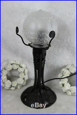 Antique Flemish 1930 ART deco Wrought iron Table lamp Glass shade