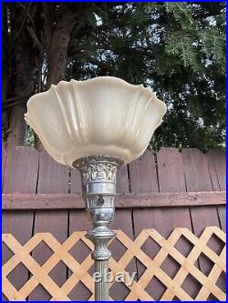 Antique Floor Lamp Art Deco Torchiere Ornate Brass with 16 Glass shade
