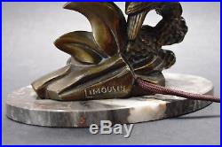 Antique French ART DECO 1920's Bronze Sculpture Kingfisher Lamp Signed Limousin