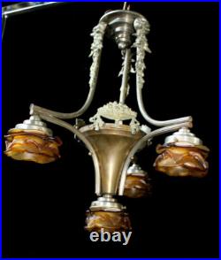 Antique French ART DECO DEsign Chandelier amber glass shade lamp