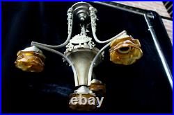 Antique French ART DECO DEsign Chandelier amber glass shade lamp