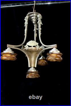 Antique French ART DECO DEsign Chandelier amber glass shade lamp