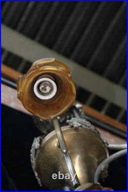 Antique French ART DECO DEsign Chandelier amber glass shade lamp