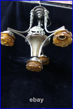 Antique French ART DECO DEsign Chandelier amber glass shade lamp