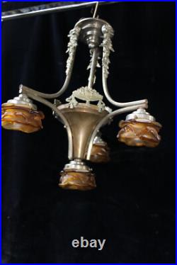 Antique French ART DECO DEsign Chandelier amber glass shade lamp
