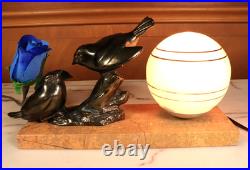 Antique French Art Deco Bronzed Table Lamp Birds Statue Marble -Ships DDP to USA