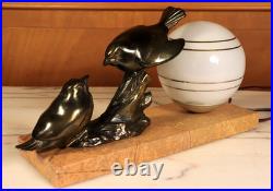 Antique French Art Deco Bronzed Table Lamp Birds Statue Marble -Ships DDP to USA