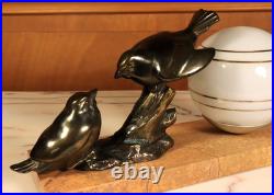 Antique French Art Deco Bronzed Table Lamp Birds Statue Marble -Ships DDP to USA