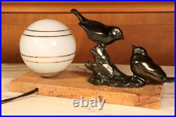 Antique French Art Deco Bronzed Table Lamp Birds Statue Marble -Ships DDP to USA