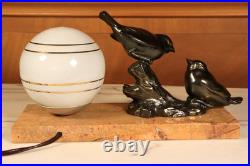 Antique French Art Deco Bronzed Table Lamp Birds Statue Marble -Ships DDP to USA