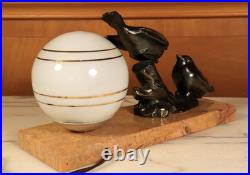Antique French Art Deco Bronzed Table Lamp Birds Statue Marble -Ships DDP to USA