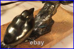 Antique French Art Deco Bronzed Table Lamp Birds Statue Marble -Ships DDP to USA